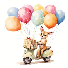 cute Fox Riding Cycle With Balloon watercolor Illustration 