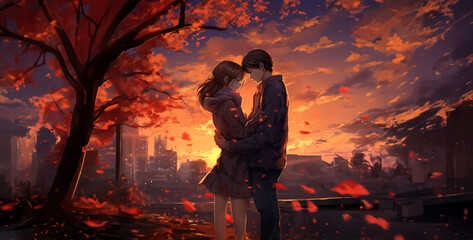 couple kissing in the sunset, couple kissing in the sunset, Couples Anime Scenic Healing