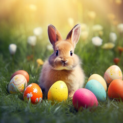 Fototapeta na wymiar Playful Rabbit Discovering Colorful Easter Eggs in a Charming Springtime Scene