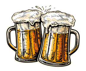 Hand drawn two toasting beer mugs. Clinking glass tankards full of beer and splashed foam. Cheers, vector illustration