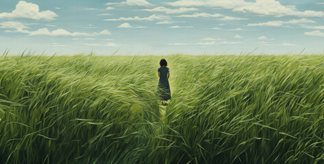 person walking on the field, woman in the field, girl in the grass, a field of grass