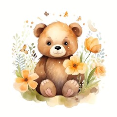 cute bear With Flower watercolor Illustration 