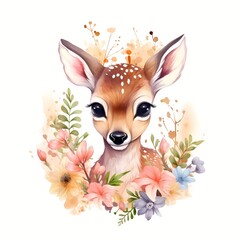 cute deer With Flower watercolor Illustration 