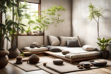 A zen-inspired meditation corner with a low seating area, soft cushions, and tranquil wall decor.