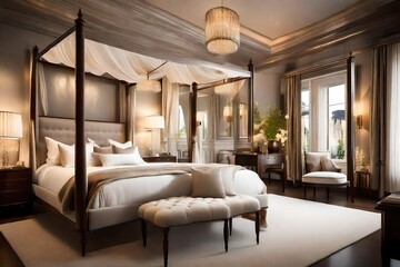An elegant bedroom with a luxurious four-poster bed, soft lighting, and plush furnishings creating a serene atmosphere.