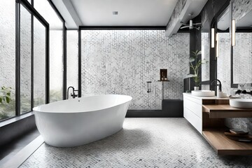 A modern bathroom with a freestanding bathtub, rainfall shower, and contemporary tile design.