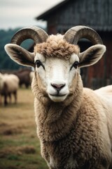 A beautiful ram with horns looks into the camera at the pasture. Farm, pets concepts.