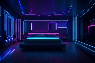 A futuristic bedroom with smart home technology, LED accent lighting, and a floating bed design.