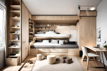 A small-space studio apartment cleverly designed with multifunctional furniture and smart storage solutions.
