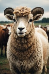 A beautiful ram with horns looks into the camera at the pasture. Farm, pets concepts.