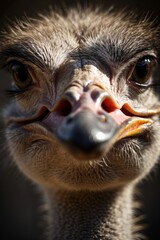 Close-up portrait of an ostrich outdoors. Agriculture, zoo, farm concepts.
