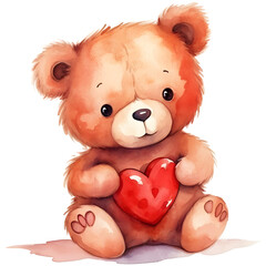 watercolor teddy bear with heart valentine day.
