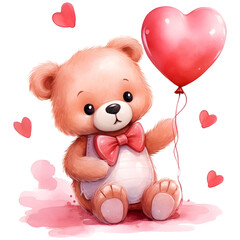 watercolor teddy bear with heart valentine day.