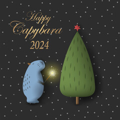 Christmas greeting card cute capybaras with sparkler under Xmas tree