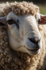 Close-up portrait of a beautiful white sheep with curly hair in nature. Pets, farm concepts.