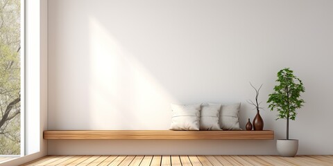 Space for relaxation in house with simple wooden and white wall.