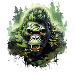 Image of angry gorilla head and there is a forest as the scene on transparent background, Mammals, Wildlife Animals. Illustration, Generative AI. - obrazy, fototapety, plakaty