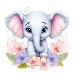 cute elephant With Flower watercolor Illustration 