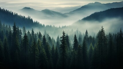 A dense cluster of pine trees shrouded in early morning mist. - obrazy, fototapety, plakaty