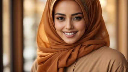 Beautiful woman wearing a hijab, smile, solid background