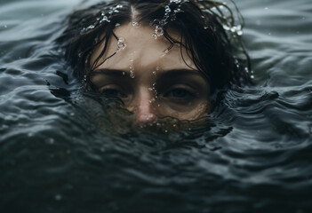 Close up of a woman is drowning in a stream, somber mood 