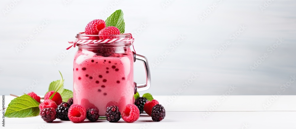Poster pink raspberry smoothie in a jar with berries and mint on a white table.