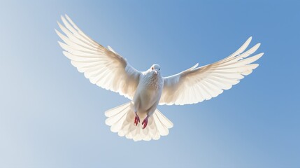 A dove in mid-flight, wings spread, against a clear blue sky. - Powered by Adobe