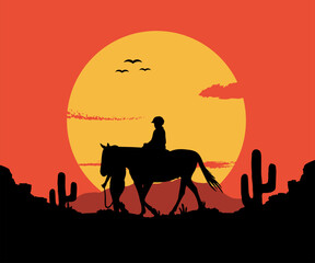 Silhouette of cowboys riding horses at sunset. Horses riding at sunset