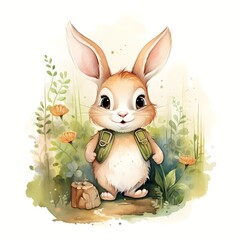 cute rabbit In Forest Watercolor Illustration 