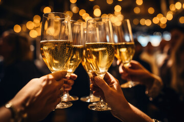 Closeup of hands holding glasses of champagne Ai generated