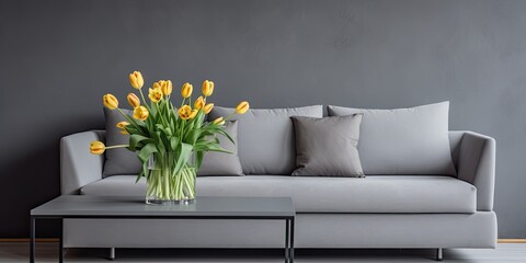 Grey sofa and tulip flowers on coffee table in living room interior.