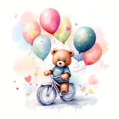 Cute Bear Riding Cycle With Balloon watercolor Illustration 
