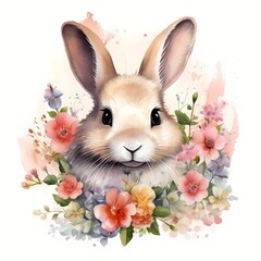 cute rabbit With Flower Watercolor Illustration 
