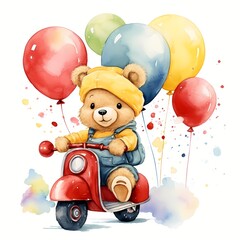 Cute Bear Riding Cycle With Balloon watercolor Illustration 