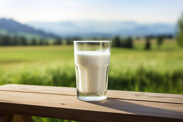 Glass of fresh milk on a wooden table, nature rural background