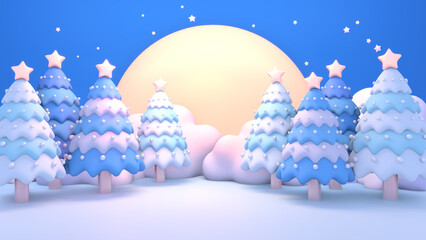 3d rendered cartoon blue Christmas forest and full moon.
