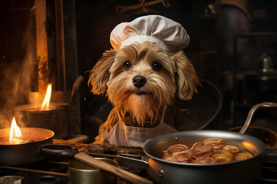 A dog wearing a chef's uniform is cooking. Generative AI