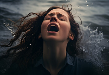 A red headed woman under water screaming with her mouth open, drowning in water, staggering, falling, sinking, crying out - obrazy, fototapety, plakaty