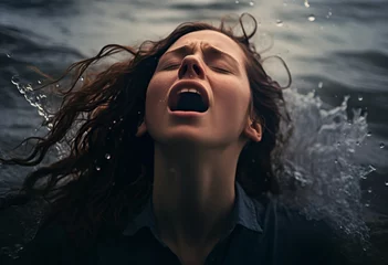 Fotobehang A red headed woman under water screaming with her mouth open, drowning in water, staggering, falling, sinking, crying out © 1by1step