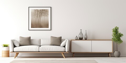 Modern living room with a frame, sideboard, table, sofa, pillow, and accessories. Home decor template.