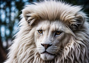 Fototapeta premium The muzzle of a lion with a white mane close-up. Generative AI