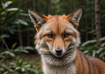 Close-up of a fox's muzzle against a forest background. Generative AI