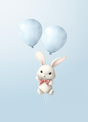 cute white rabbit with a blue balloon illustration