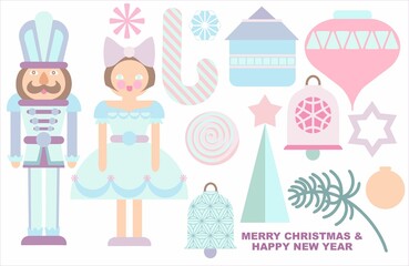 New Year, Merry Christmas - seasonal collection of isolated graphic, cartoon elements on a white background in pastel colors. Hand drawn digital illustration