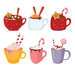 Cups of hot chocolate or cocoa with marshmallows, cinnamon, star anise, star anise and candy cane. Vector illustration
