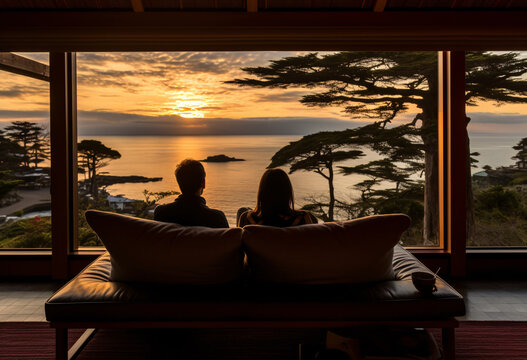 two people sitting at the window of a hotel overlooking the ocean, a couple watch the sunset in the suite with traditional Japanese cabin 