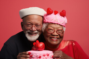 Happy couple of seniors with cake celebrating birthday or Valentine's day.