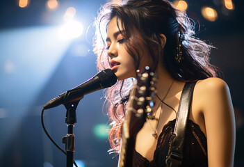 Asian teen star, female teenager singing and playing guitar on stage with glamorous style 
