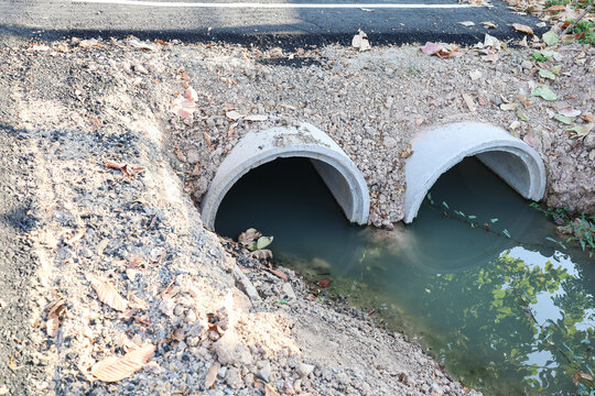 Two concrete drainage pipes. Twin culverts contain water in both wells for drainage of municipal wastewater and natural stormwater with copy space and select focus.