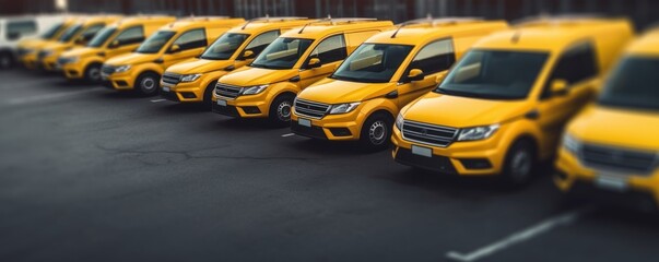 Transporting service company. Yellow delivery or taxi vans in row. Parkende Autos, vehicle. Commercial fleet. Generative AI 